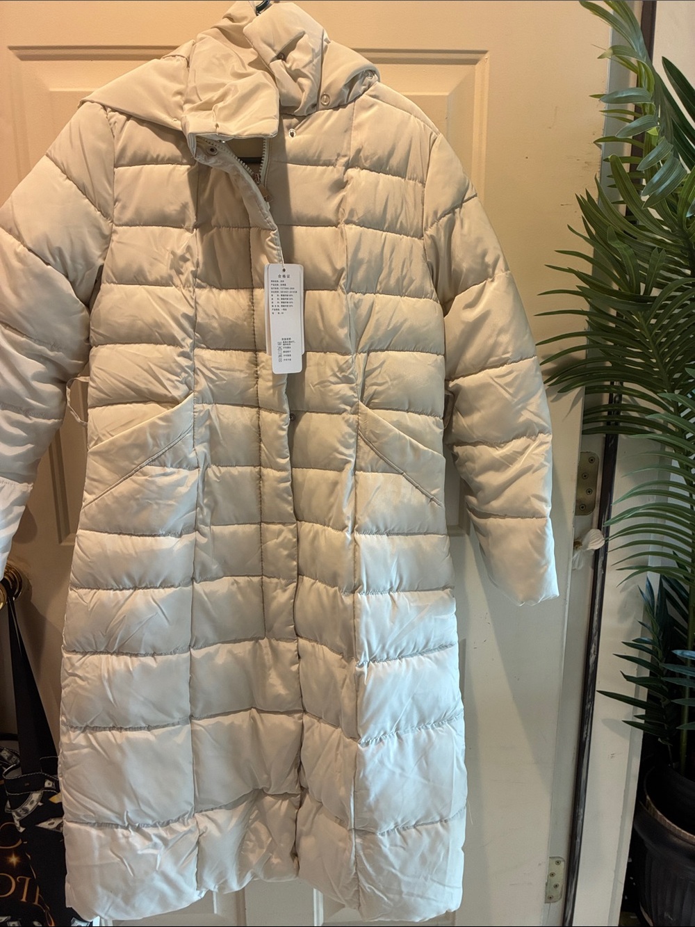 Women's Long Cream Puffer Coat with High Collar